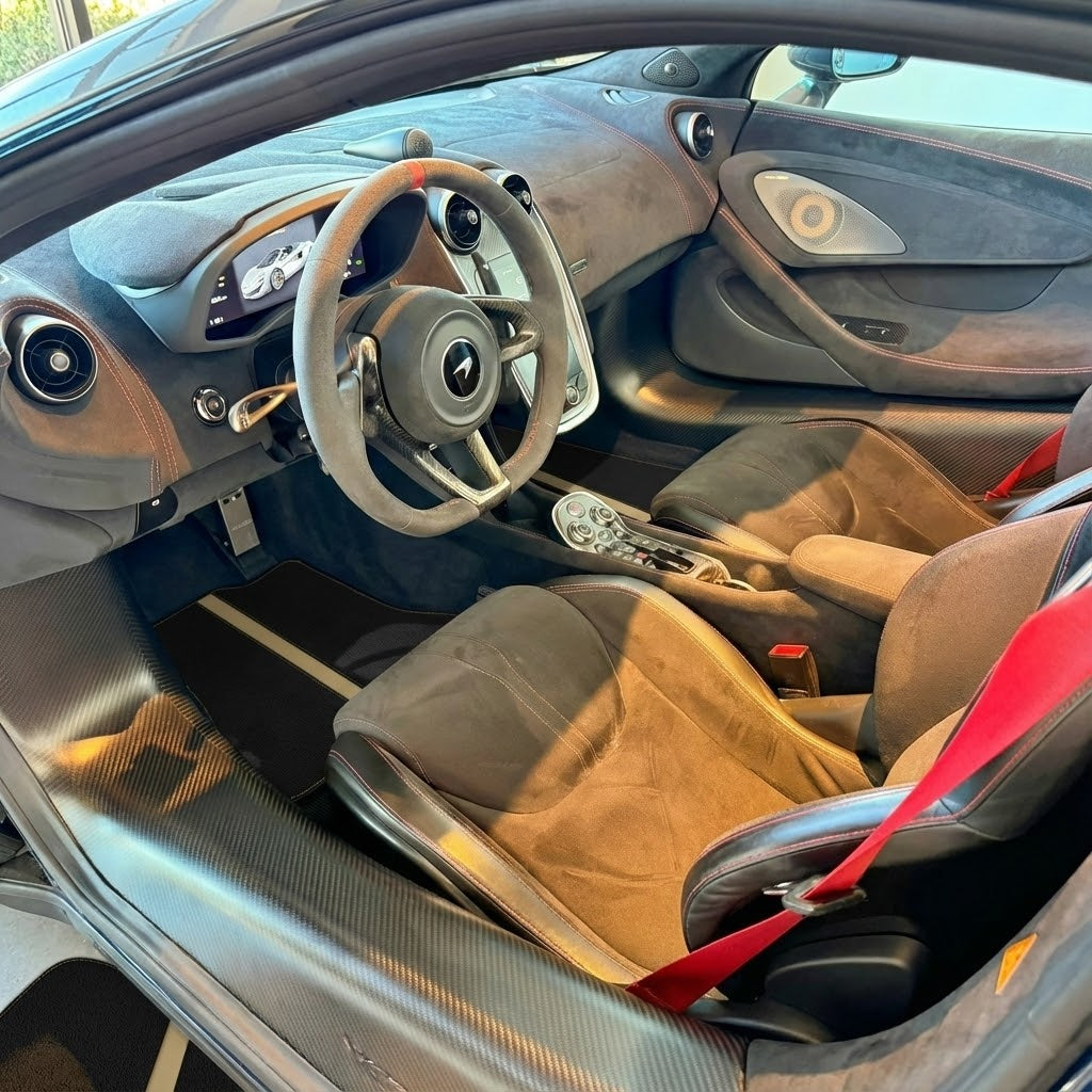 Black Floor Mats For McLaren 600 LT (2018-2020) With Red Leather - AutoWin