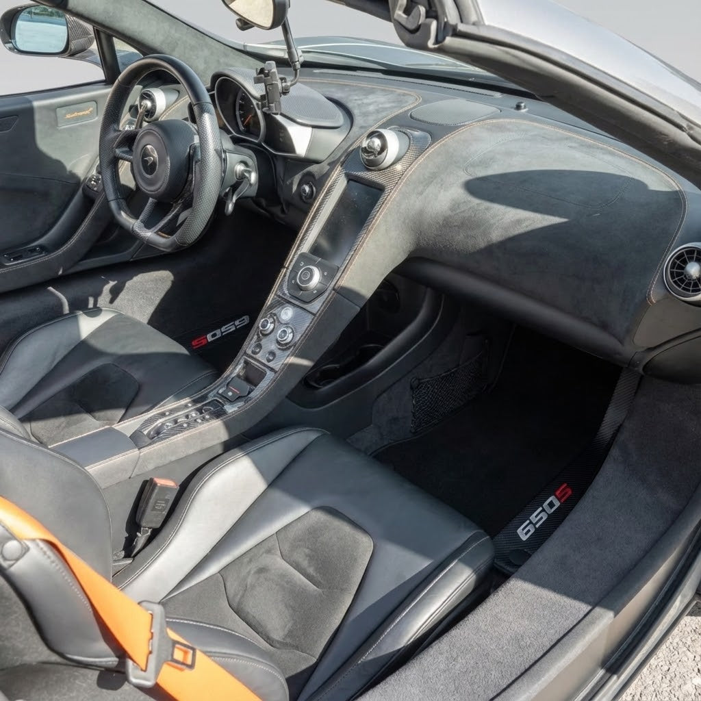 Black Floor Mats For McLaren 650S Black Tailored With Orange Alcantara Leather - AutoWin.EU