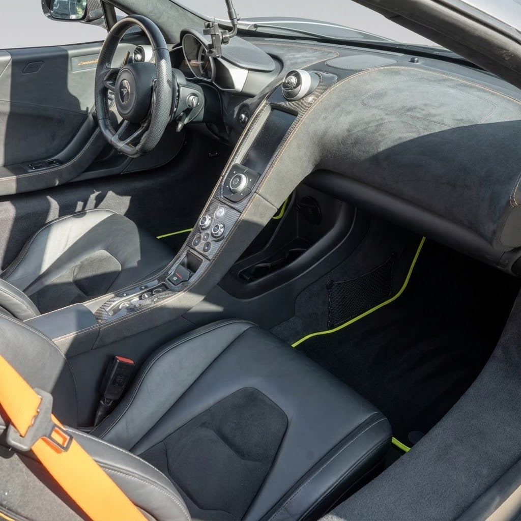 Black Floor Mats For McLaren 650S Black Tailored With Orange Alcantara Leather - AutoWin.EU