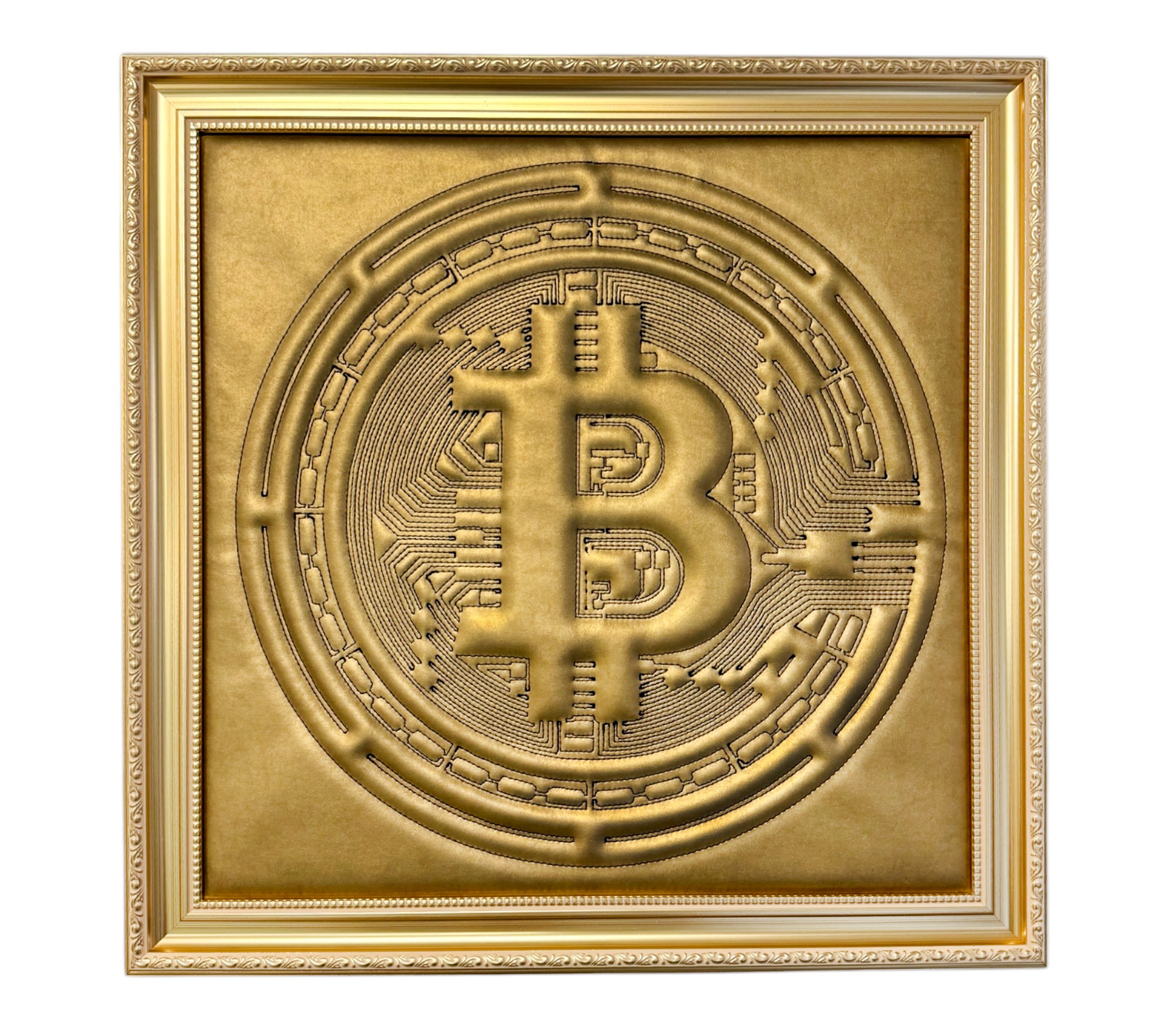 Gold Leather Bitcoin Inspired Wall Art: Embroidered Black Stitch Luxury Decor