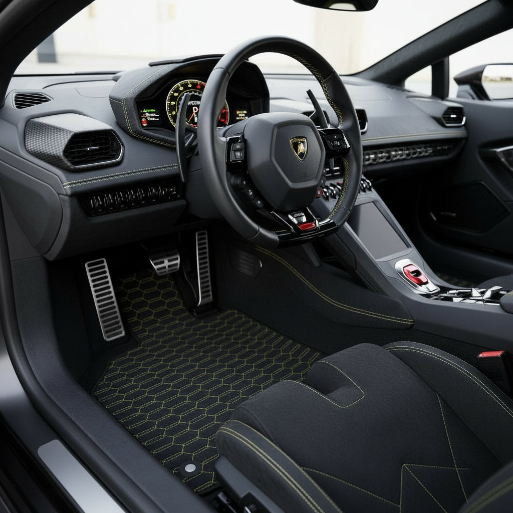 Personalisierbare Fußmatten aus Teppich mit Leder für Lamborghini Huracán EVO (2019-2024) - AutoWin