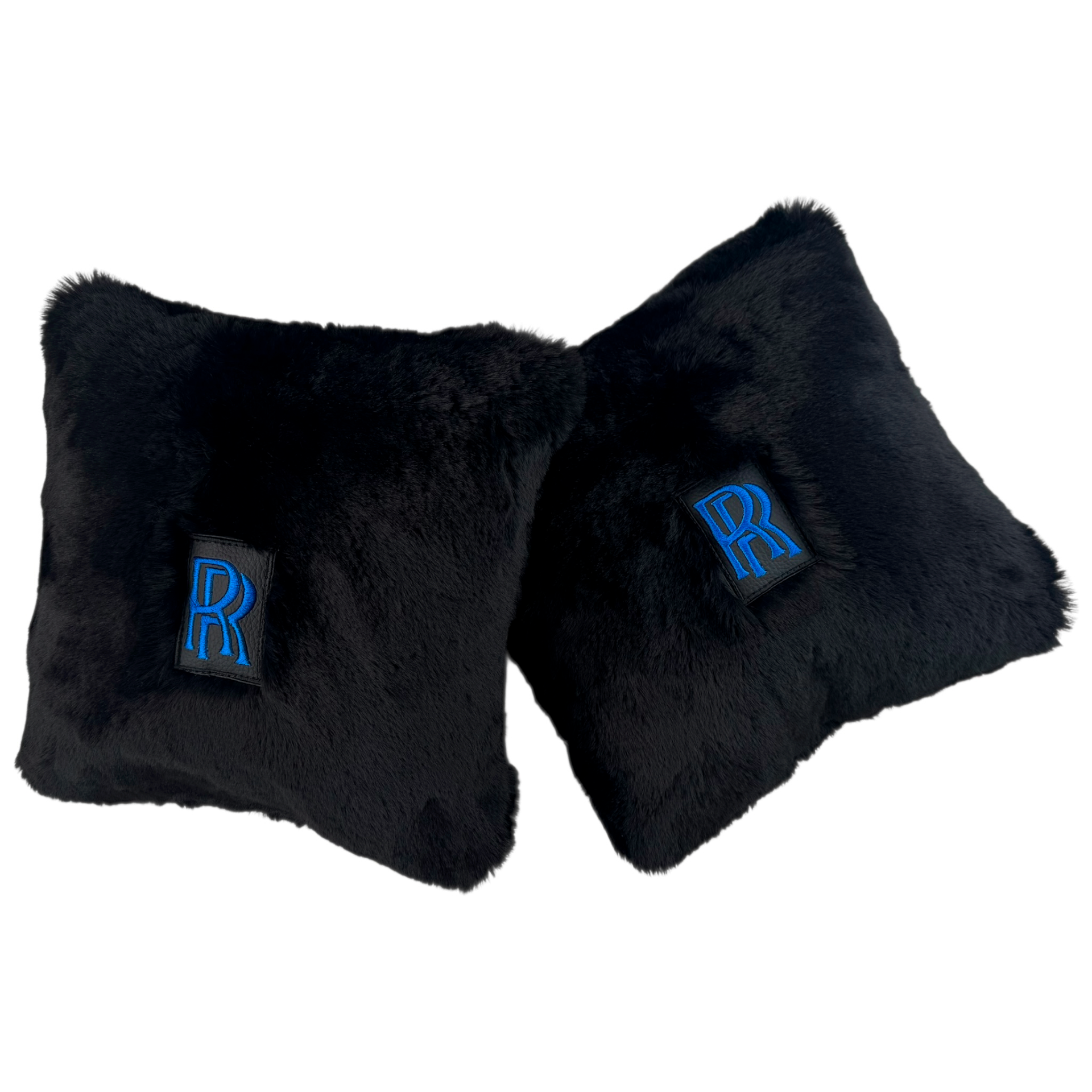 Black Sheepskin Pillows Design Set of 2 for Rolls-Royce Vehicles - Blue Logo