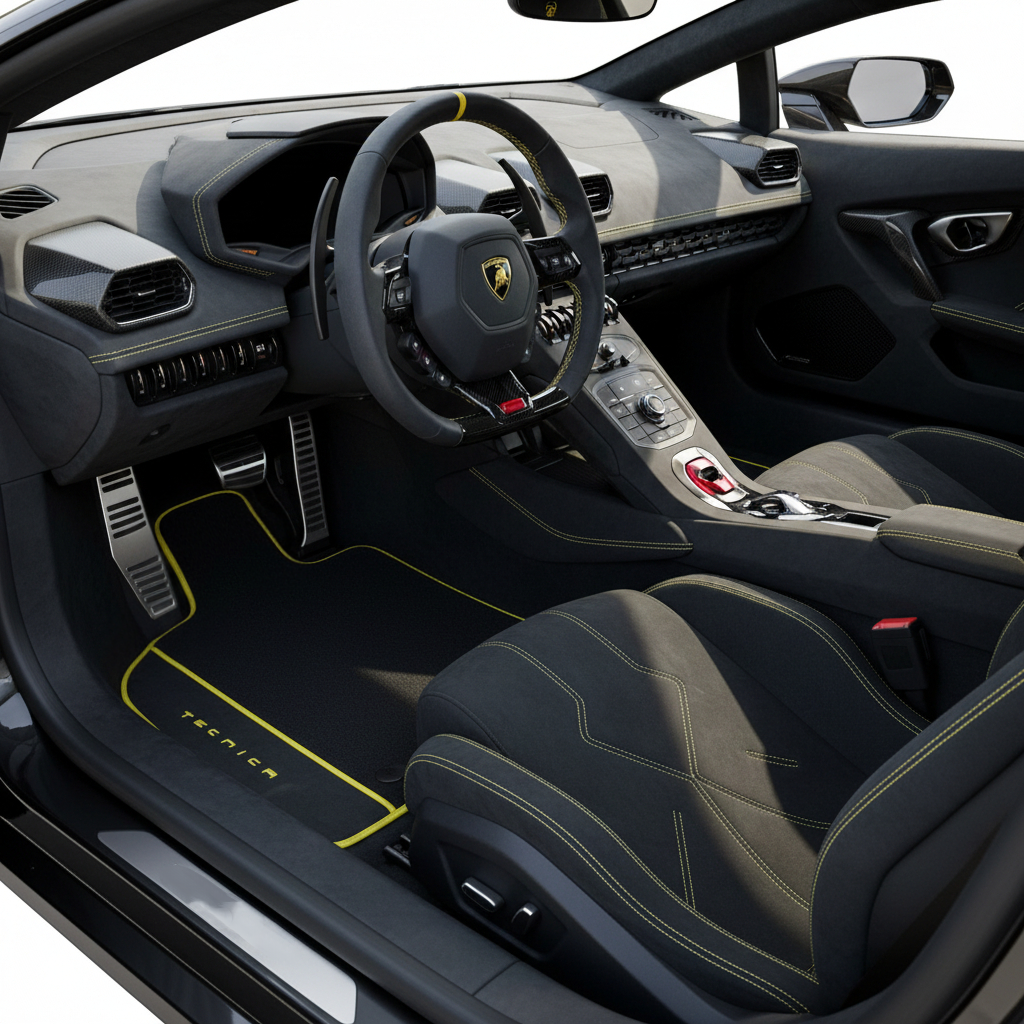 ランボルギーニ ウラカン テクニカ (2022-2024) 用、ラプター ヘックス パターンのカスタマイズ可能なレザー フロア マット - AutoWin