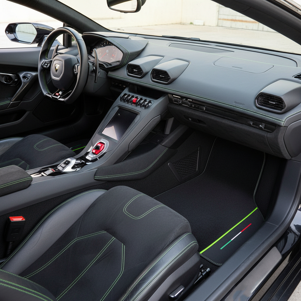 ランボルギーニ ウラカン テクニカ (2022-2024) 用、ラプター ヘックス パターンのカスタマイズ可能なレザー フロア マット - AutoWin