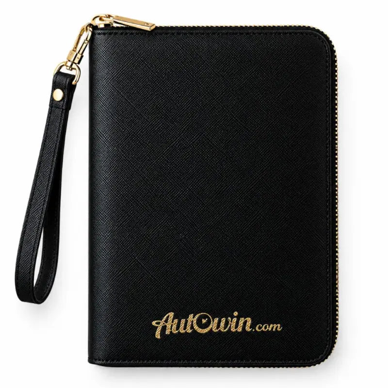 Black leather document holder with a gold AutoWin logo