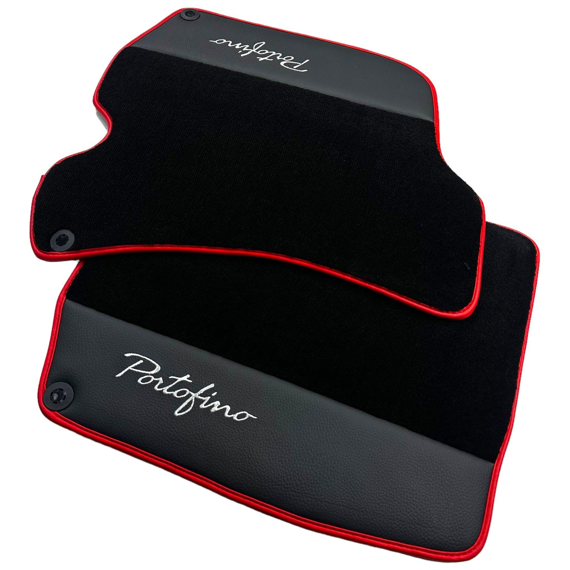 Black Floor Mats For Ferrari Portofino (2018-2023) With Leather and Red Trim - AutoWin