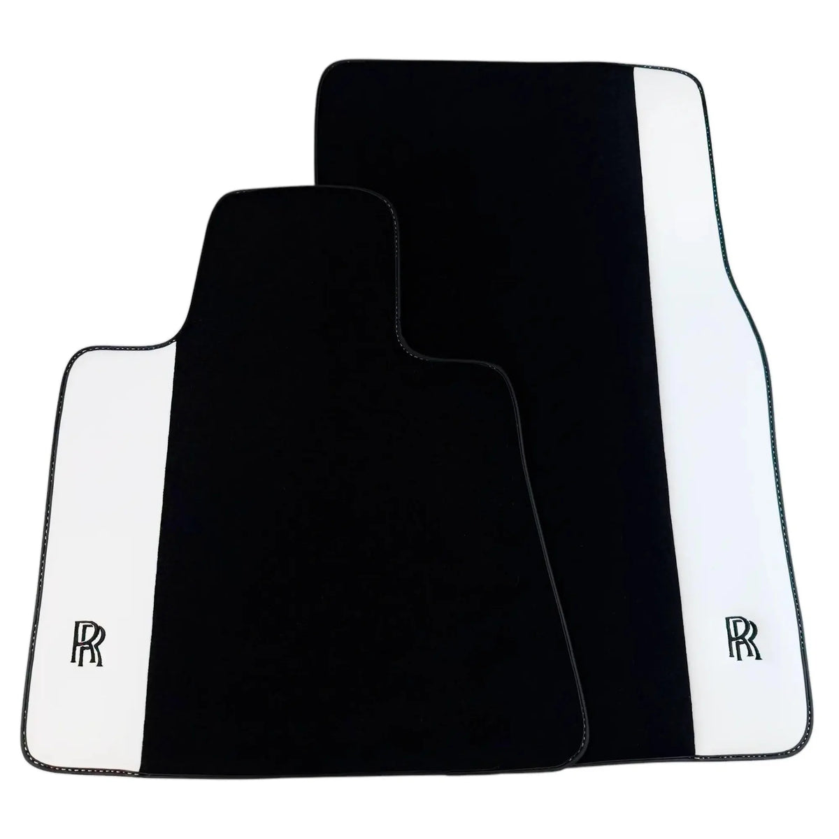 Black Floor Mats for Rolls Royce Cullinan (2018-2025) with White Leather | RR Logo