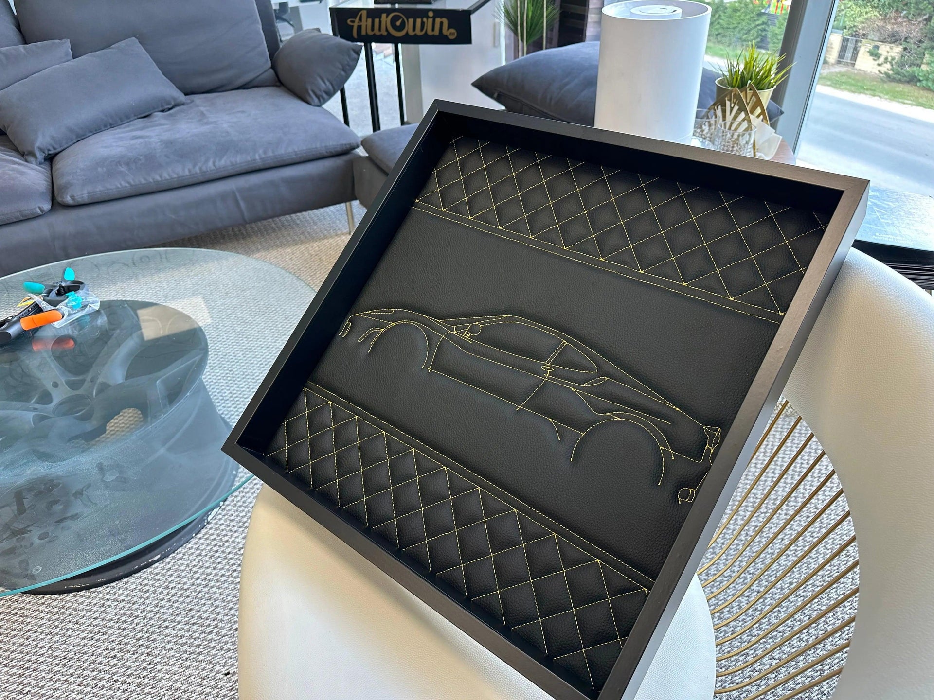 Black Leather Ferrari 458 Inspired Wall Art: Embroidered Yellow Stitch Luxury Decor - AutoWin