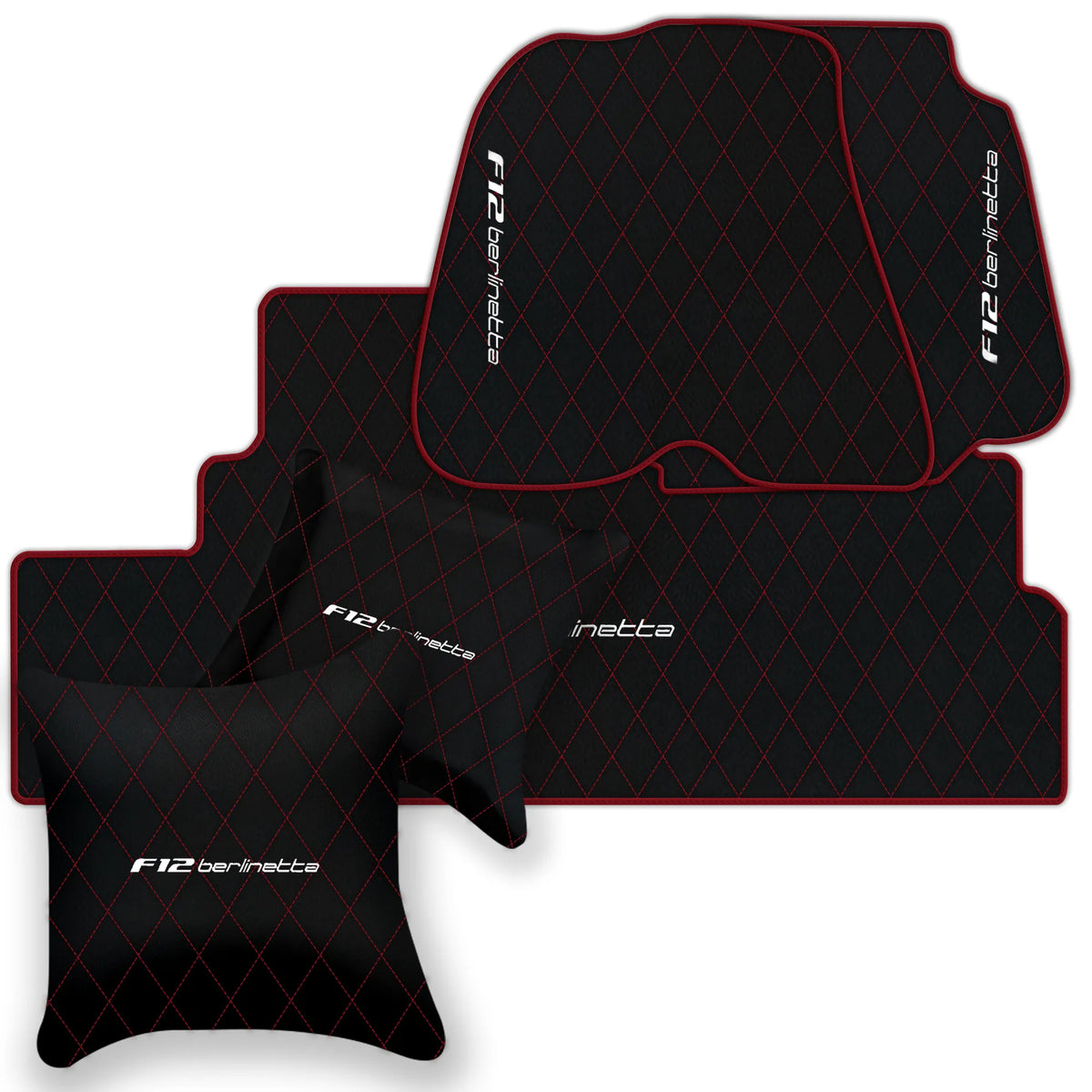 Black Leather Floor Mats for Ferrari F12 Berlinetta (2012-2022) with Single Diamond Pattern | Full Set Option