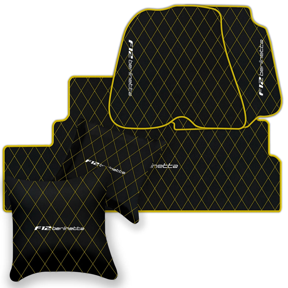 Black Leather Floor Mats for Ferrari F12 Berlinetta (2012-2022) with Single Diamond Pattern | Full Set Option