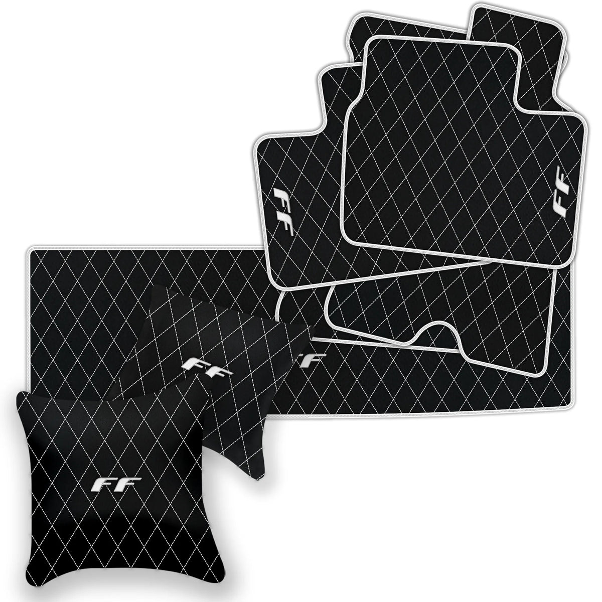 Black Leather Floor Mats for Ferrari FF (2011-2016) with Single Diamond Pattern | Full Set Option