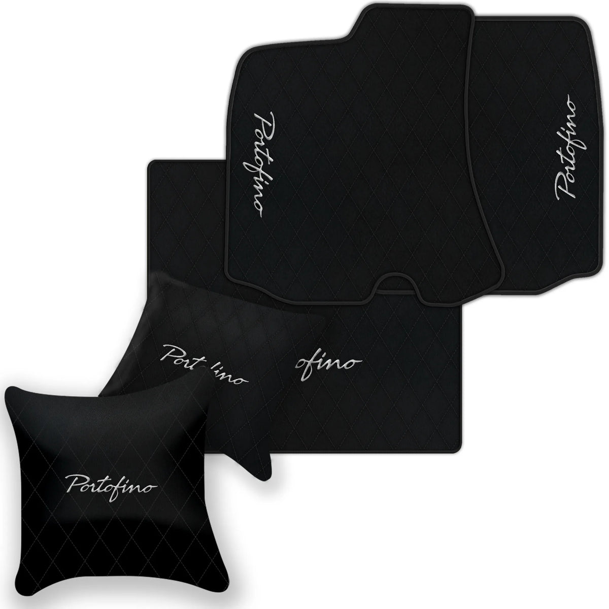 Black Leather Floor Mats for Ferrari Portofino (2018-2023) with Single Diamond Pattern | Full Set Option