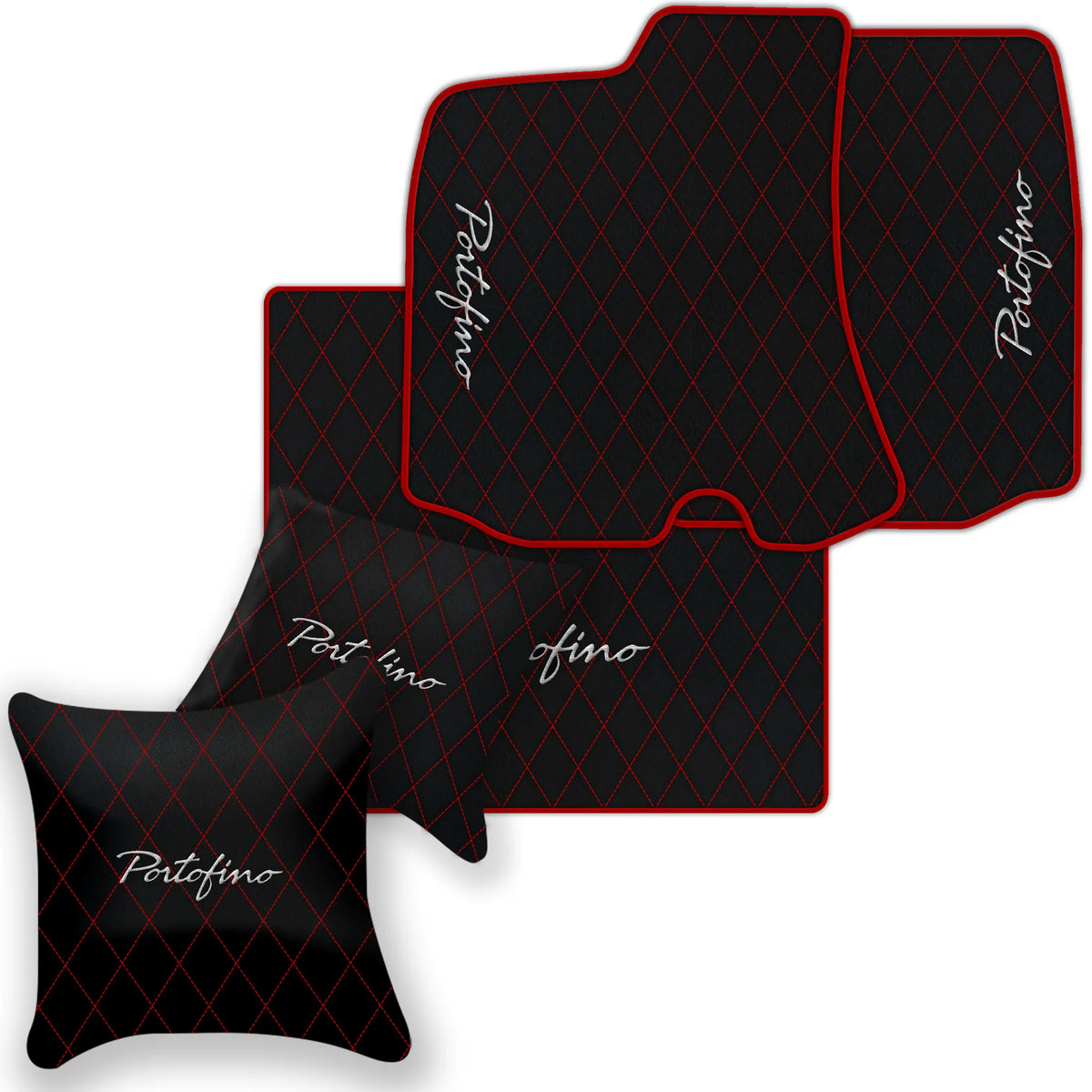 Black Leather Floor Mats for Ferrari Portofino (2018-2023) with Single Diamond Pattern | Full Set Option
