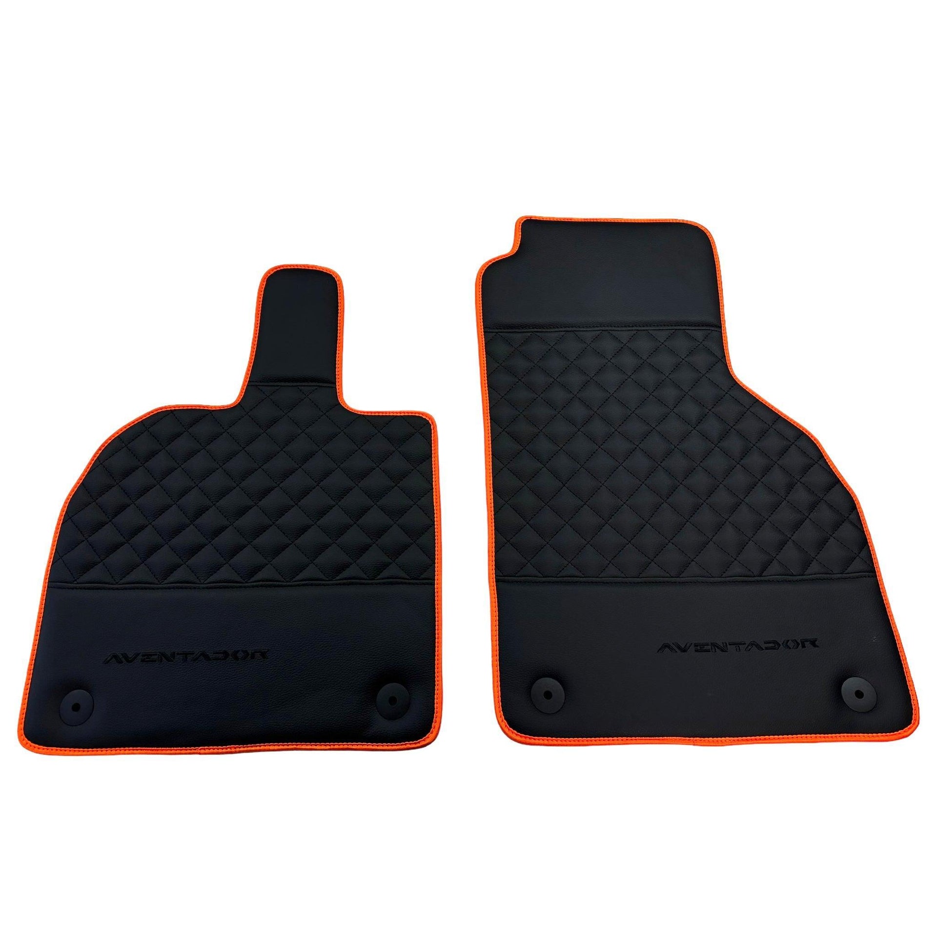 Black Leather Floor Mats For Lamborghini Aventador with Orange Trim - AutoWin
