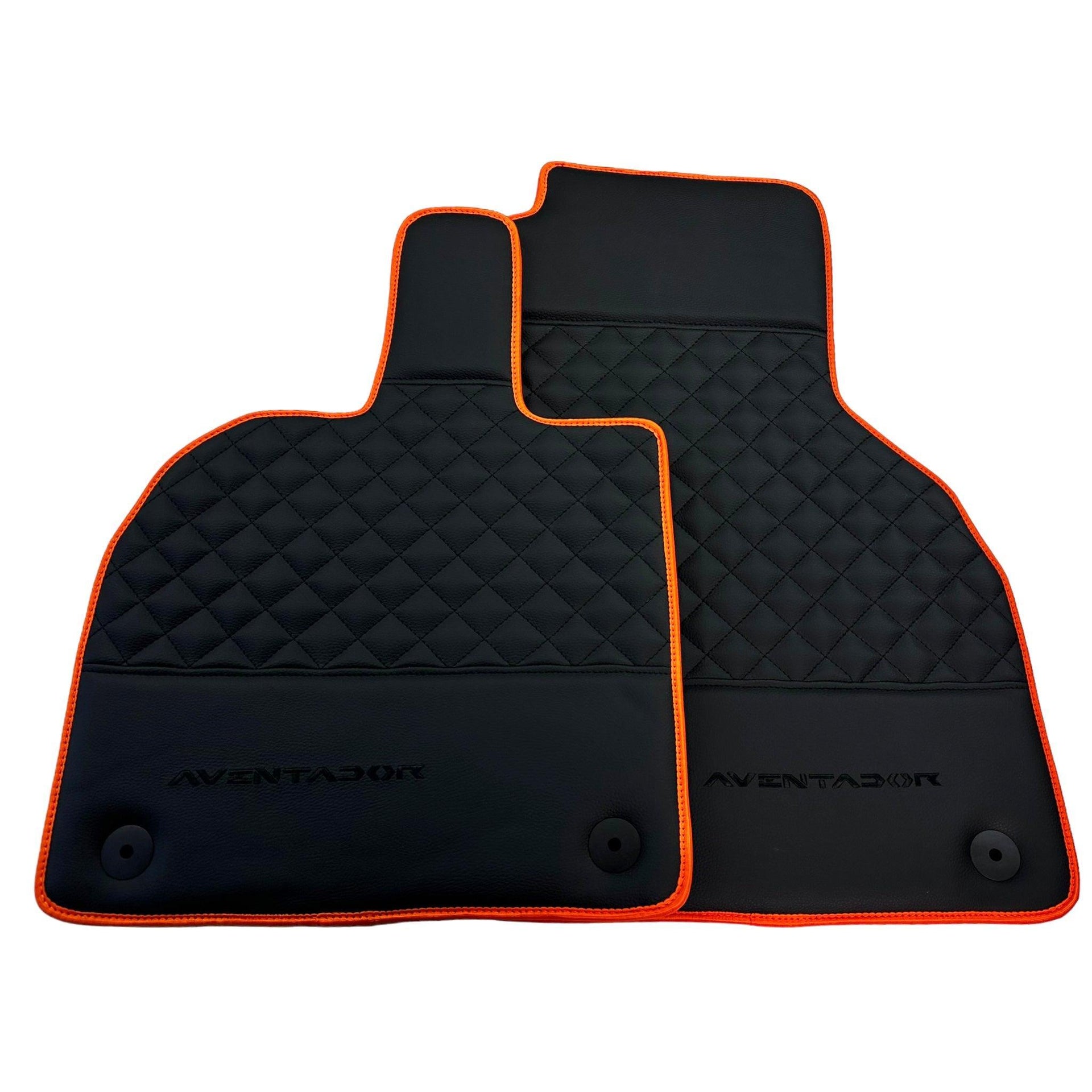 Black Leather Floor Mats For Lamborghini Aventador with Orange Trim - AutoWin
