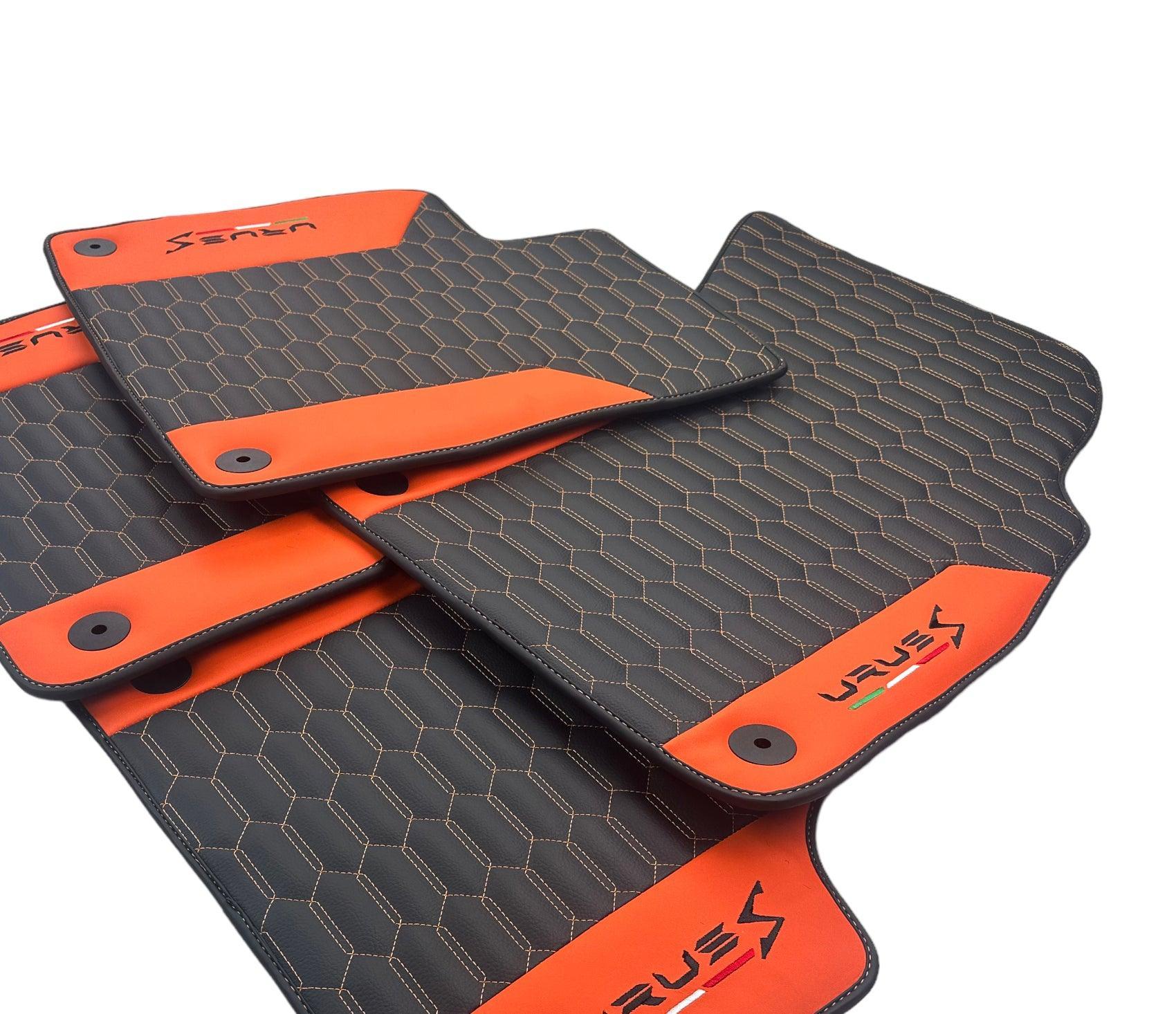 Black Leather Floor Mats For Lamborghini Urus S With Orange Nappa Leather - AutoWin