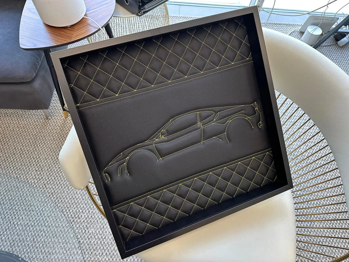 Black Leather Ferrari 458 Inspired Wall Art: Embroidered Yellow Stitch Luxury Decor - AutoWin