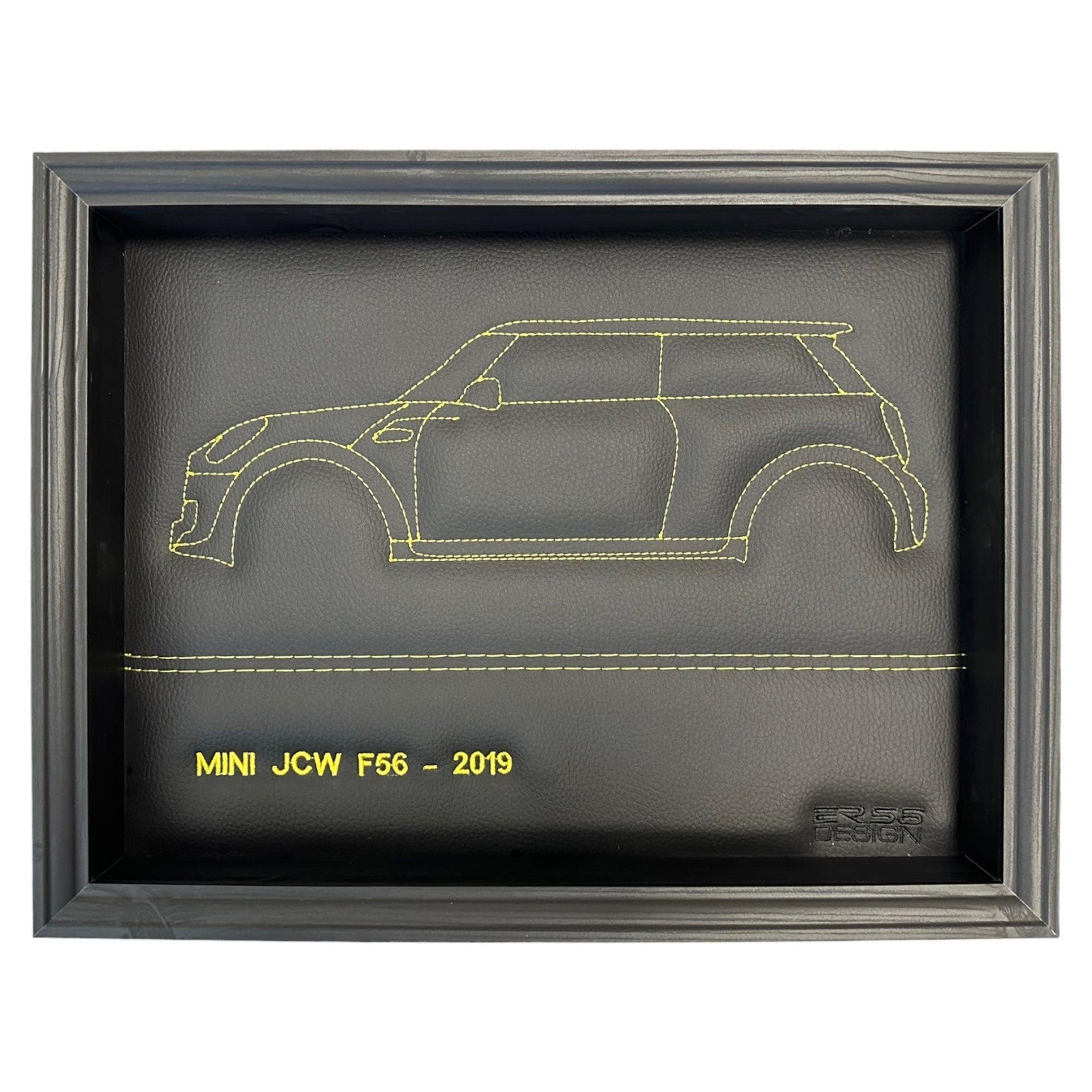 Black Leather Mini F56 Inspired Wall Art: Embroidered Yellow Stitch - AutoWin