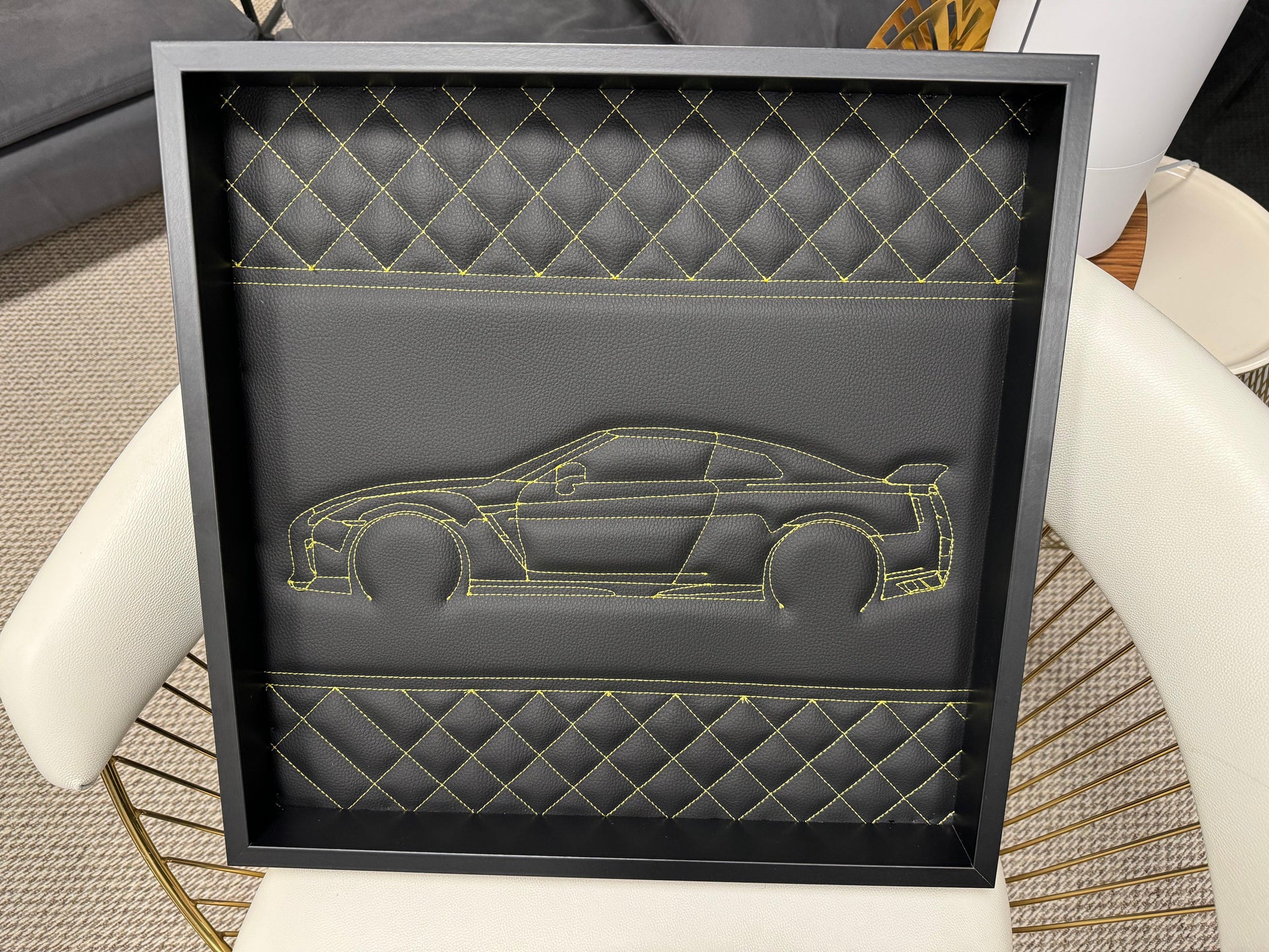 Black Leather Nissan GTR Inspired Wall Art: Embroidered Yellow Stitch Luxury Decor - AutoWin