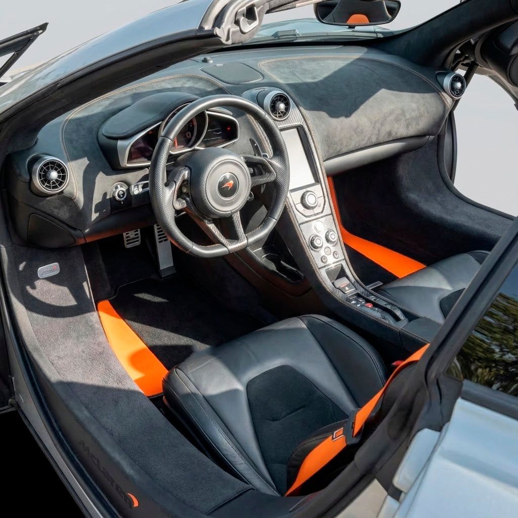 Black Floor Mats For McLaren 650S Black Tailored With Orange Alcantara Leather - AutoWin.EU