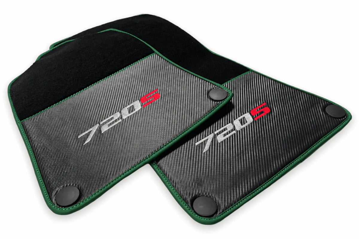 Floor Mats For McLaren 720S Black Tailored Carpets With Carbon Dark Green trim