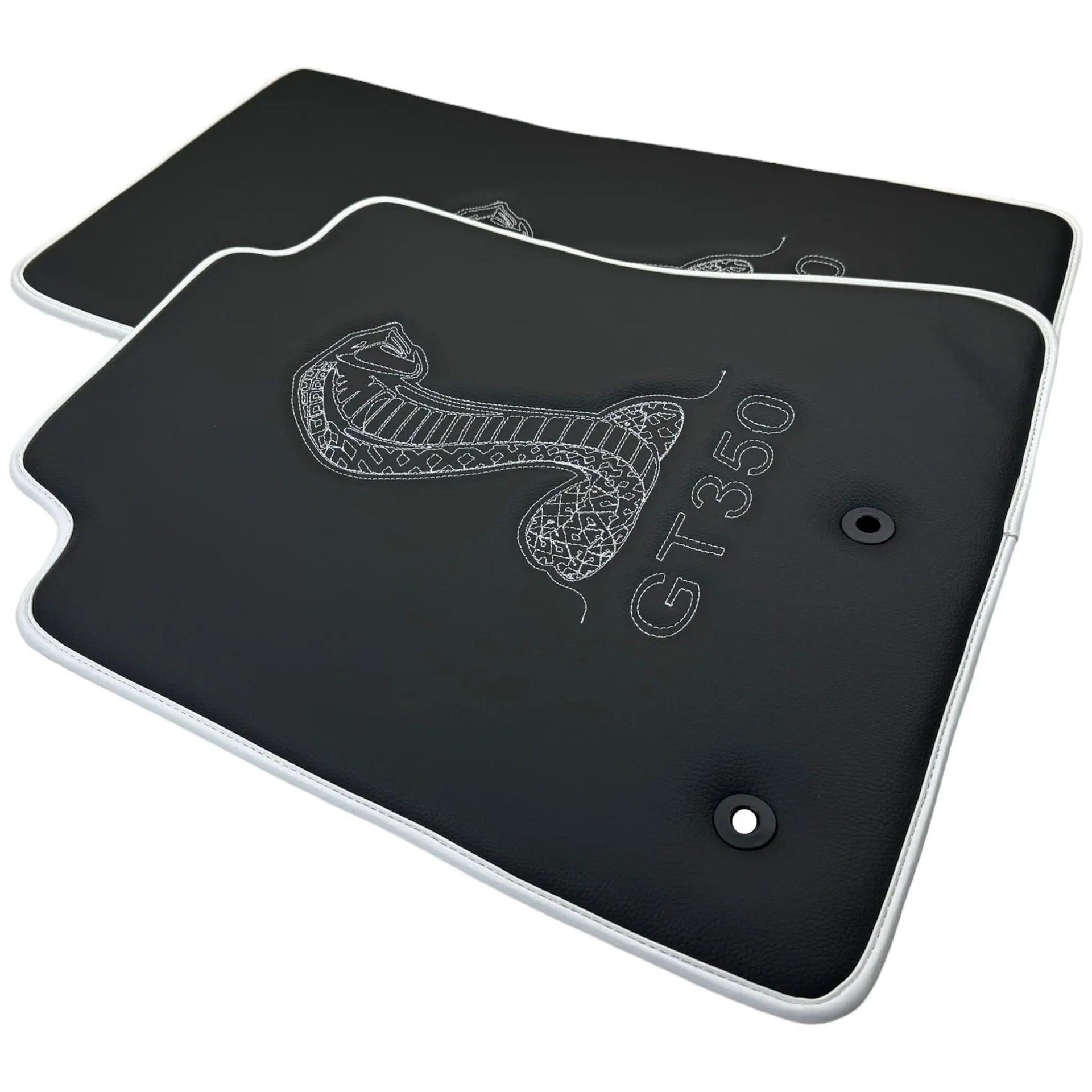 Leather Floor Mats for Ford Mustang GT350 Shelby (2015-2021) with Cobra Sewing | White Trim - AutoWin