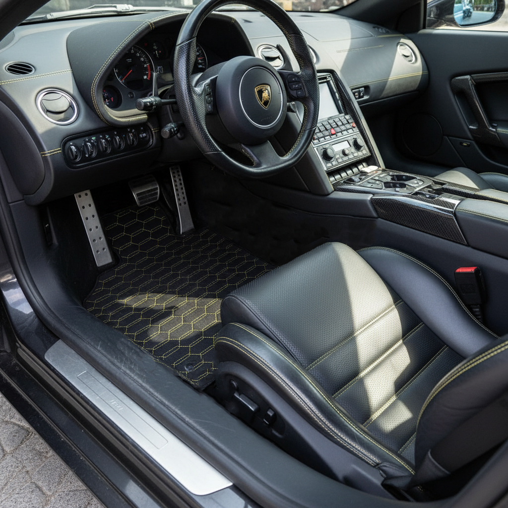 ランボルギーニ・ムルシエラゴ(2001-2010)用、ラプター六角形パターンのカスタマイズ可能なレザーフロアマット - AutoWin