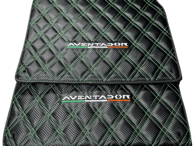 Floor Mats for Lamborghini Aventador Carbon Fiber Leather Green Stitching - AutoWin