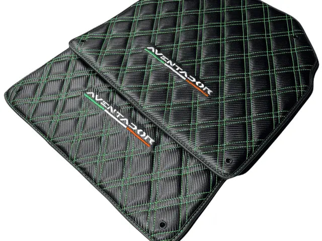 Floor Mats for Lamborghini Aventador Carbon Fiber Leather Green Stitching - AutoWin