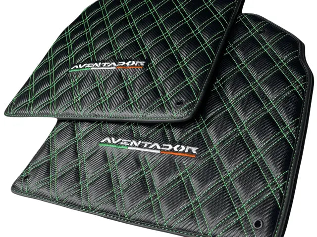 Floor Mats for Lamborghini Aventador Carbon Fiber Leather Green Stitching - AutoWin