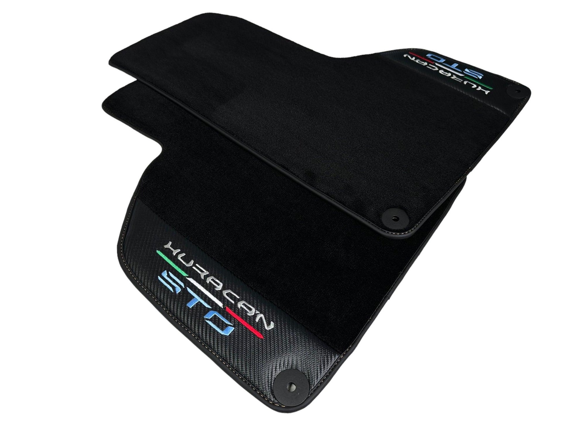 Huracan STO Black Mats: Carbon Fiber Leather & Orange Sewing