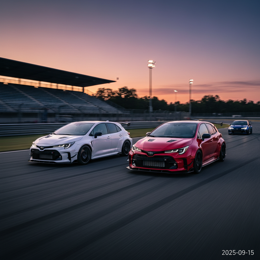 Editorial, photo-realistic HERO for an automotive daily news article titled "Toyota GRMN Corolla Leaks Spicy Trim Details – Daily Car News (2025-09-15