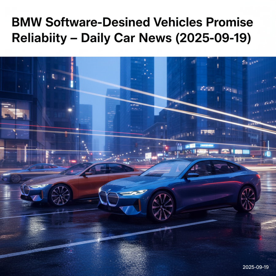 Editorial, photo-realistic HERO for an automotive daily news article titled "BMW Software-Defined Vehicles Promise Reliability – Daily Car News (2025-