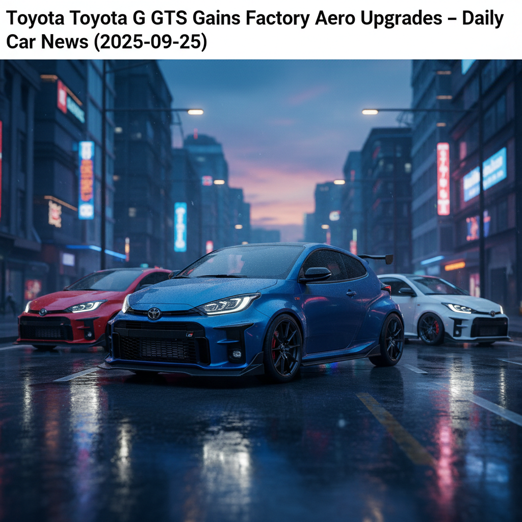 Editorial, photo-realistic HERO for an automotive daily news article titled "Toyota GR Yaris GTS Gains Factory Aero Upgrades – Daily Car News (2025-09