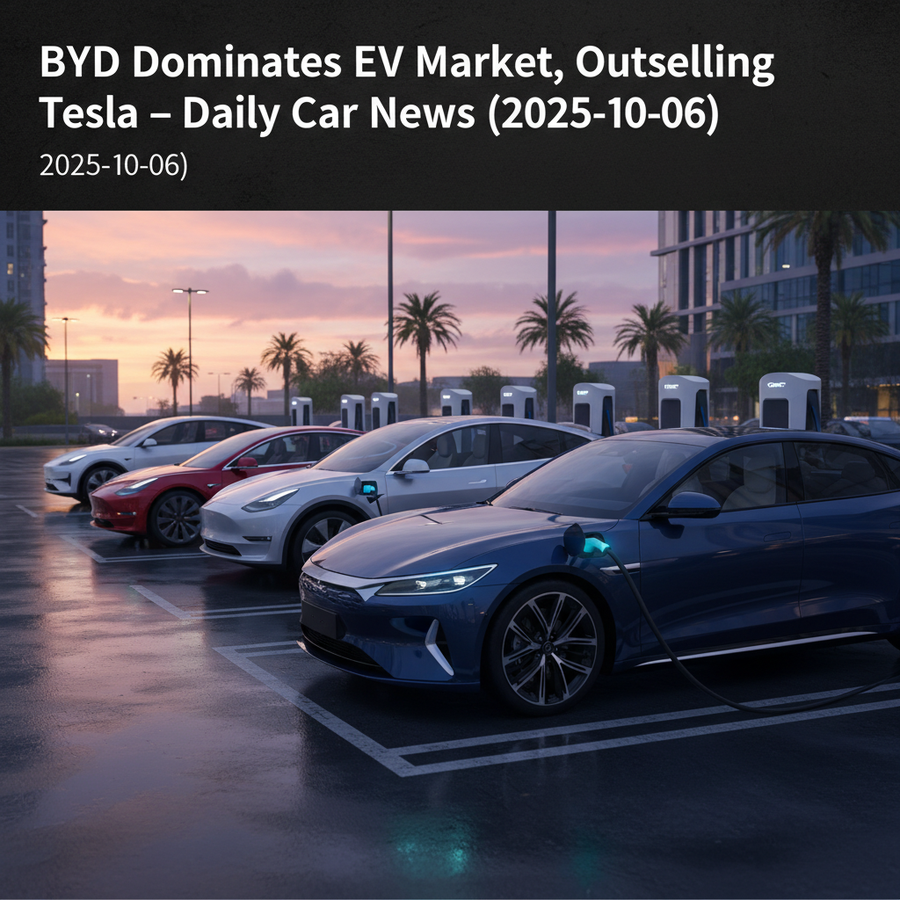 Editorial, photo-realistic HERO for an automotive daily news article titled "BYD Dominates EV Market, Outselling Tesla – Daily Car News (2025-10-06)".