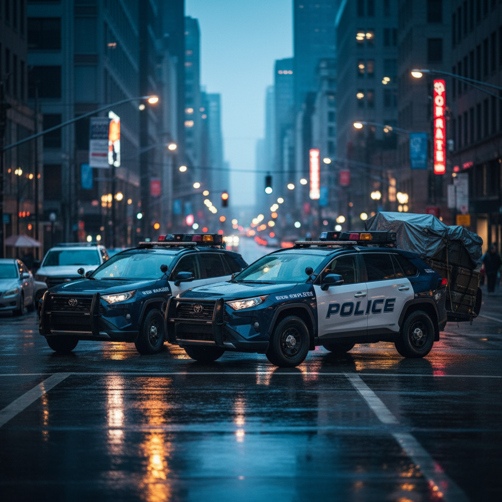 Editorial, photo-realistic HERO for an automotive daily news article titled "Toyota RAV4 Police Cars Under Payload Scrutiny – Daily Car News (2025-10-