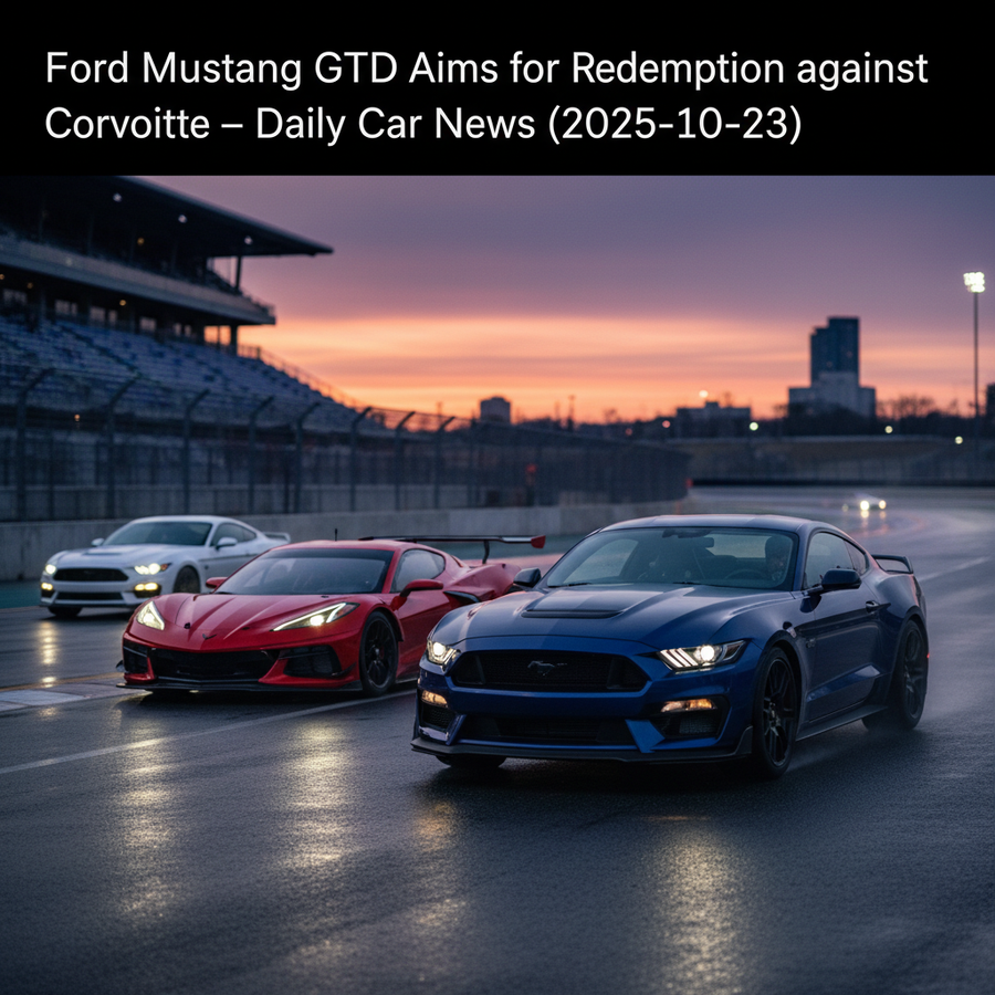 Editorial, photo-realistic HERO for an automotive daily news article titled "Ford Mustang GTD Aims for Redemption against Corvette – Daily Car News (2