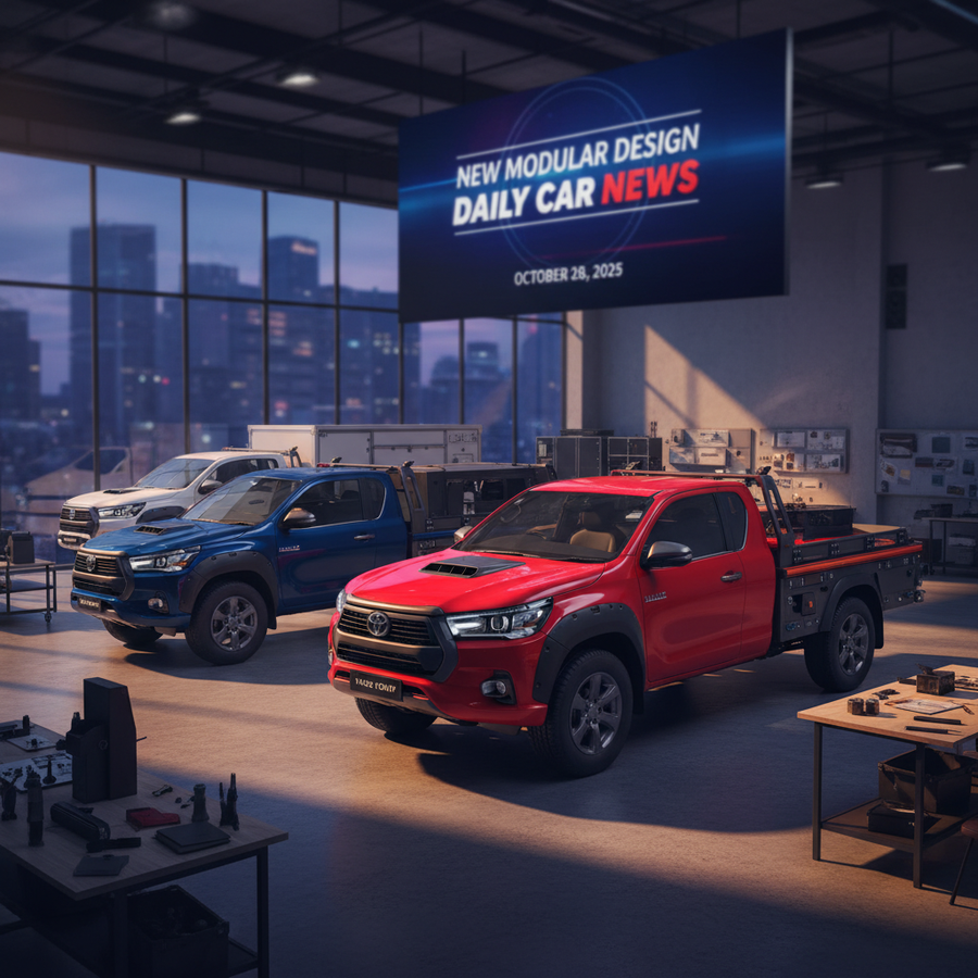 Editorial, photo-realistic HERO for an automotive daily news article titled "Toyota HiLux Champ Launches with New Modular Design – Daily Car News (202