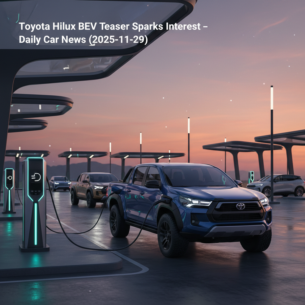 Editorial, photo-realistic HERO for an automotive daily news article titled "Toyota Hilux BEV Teaser Sparks Interest – Daily Car News (2025-11-29)". D