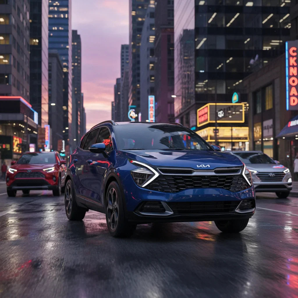 Editorial photo-realistic HERO image for automotive news (2026-02-04). Feature Kia and Toyota and Hyundai vehicles specifically Kia Sportage S Hybrid,