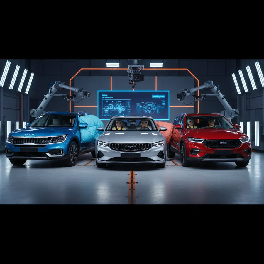 Editorial photo-realistic HERO image for automotive news (2026-02-06). Feature Geely and Kia and Leapmotor and Zeekr vehicles specifically specific mo