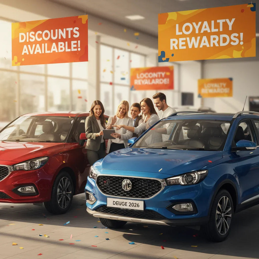 Editorial photo-realistic HERO image for automotive news (2026-02-16). Feature MG vehicles specifically MG 3, MG ZS. Scene: A vibrant dealership showc