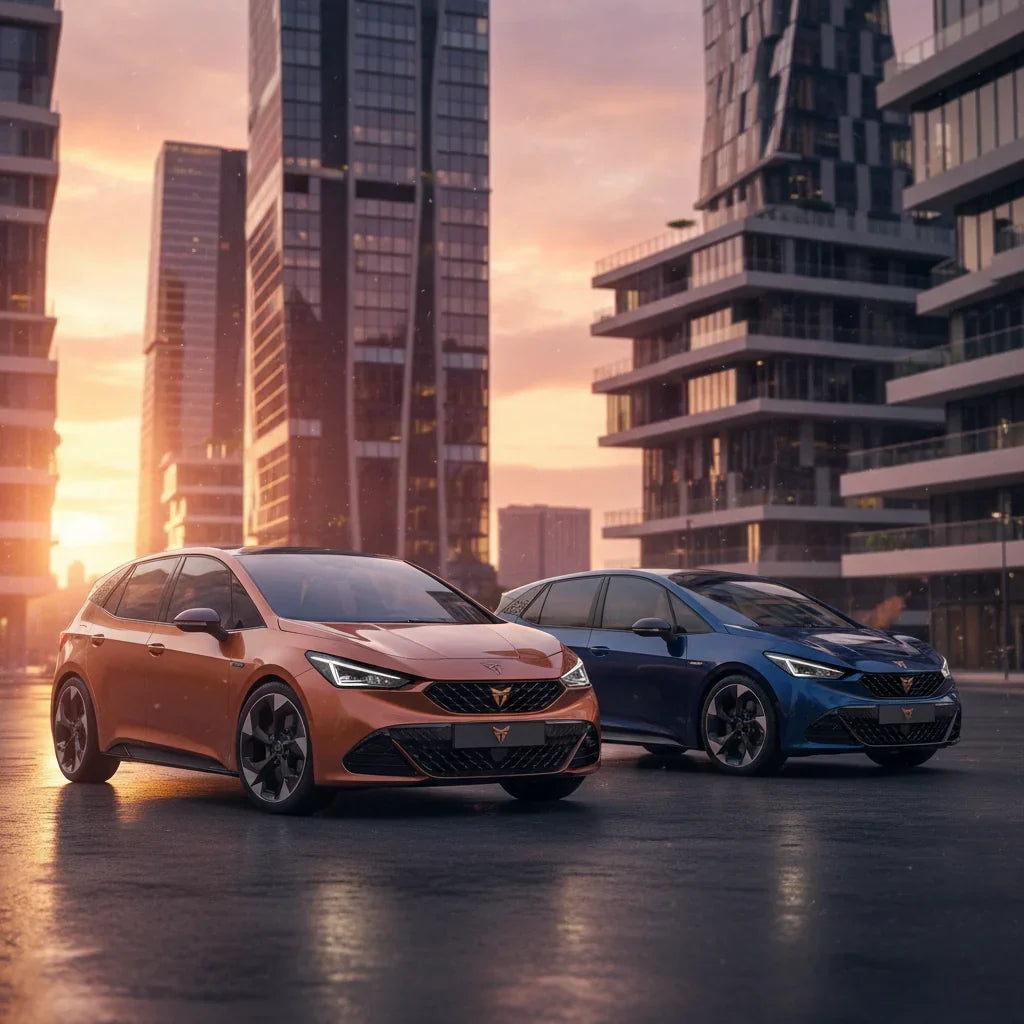 Editorial photo-realistic HERO image for automotive news (2026-03-20). Feature Cupra vehicles specifically Cupra Born. Scene: A dynamic urban environm