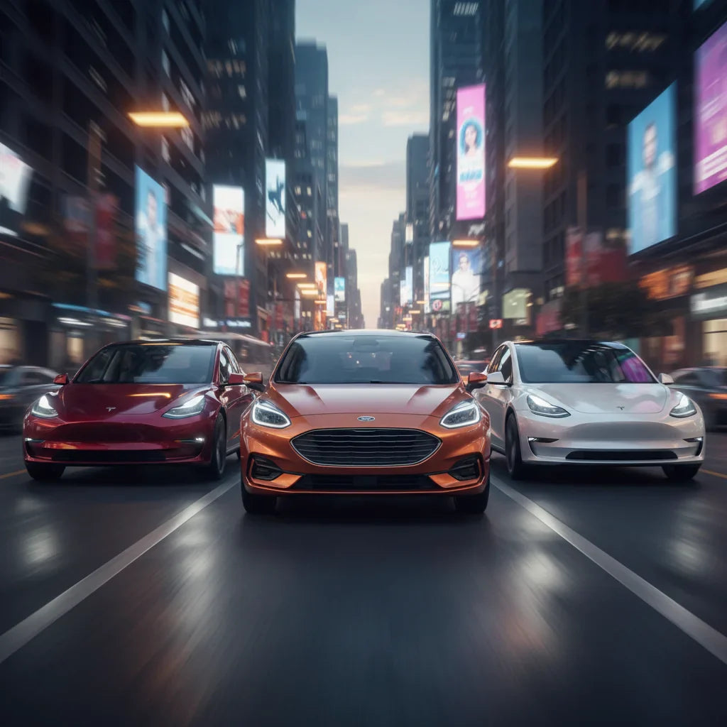 Editorial photo-realistic HERO image for automotive news (2026-04-03). Feature Ford and Tesla vehicles specifically Ford affordable EV, Tesla Model 3,