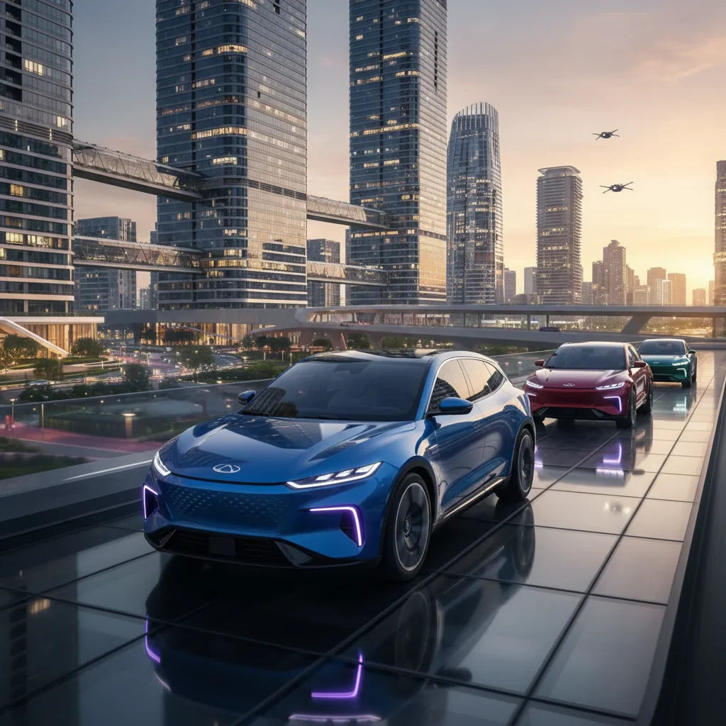 Editorial photo-realistic HERO image for automotive news (2026-04-15). Feature Chery vehicles specifically Lepas L6. Scene: A futuristic electric and 