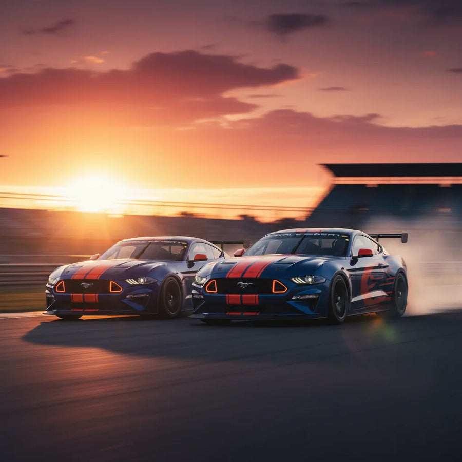 Editorial photo-realistic HERO image for automotive news (2026-04-21). Feature Ford vehicles specifically Mustang Dark Horse. Scene: A powerful Ford M
