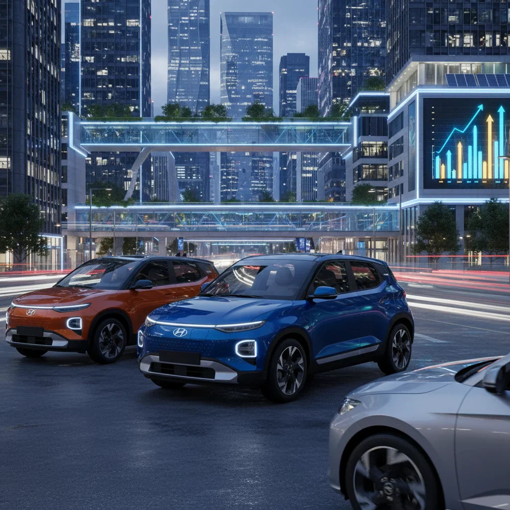 Editorial photo-realistic HERO image for automotive news (2026-04-23). Feature Hyundai vehicles specifically 2026 Hyundai Inster. Scene: A bustling ci