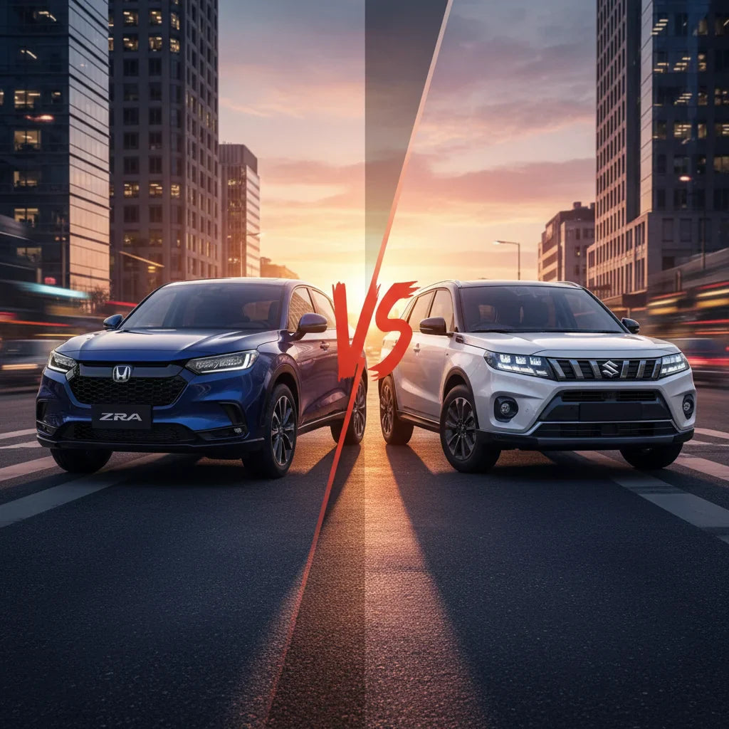 Editorial photo-realistic HERO image for automotive news (2026-05-01). Feature Honda and Suzuki vehicles specifically ZR-V, e Vitara. Scene: A dynamic