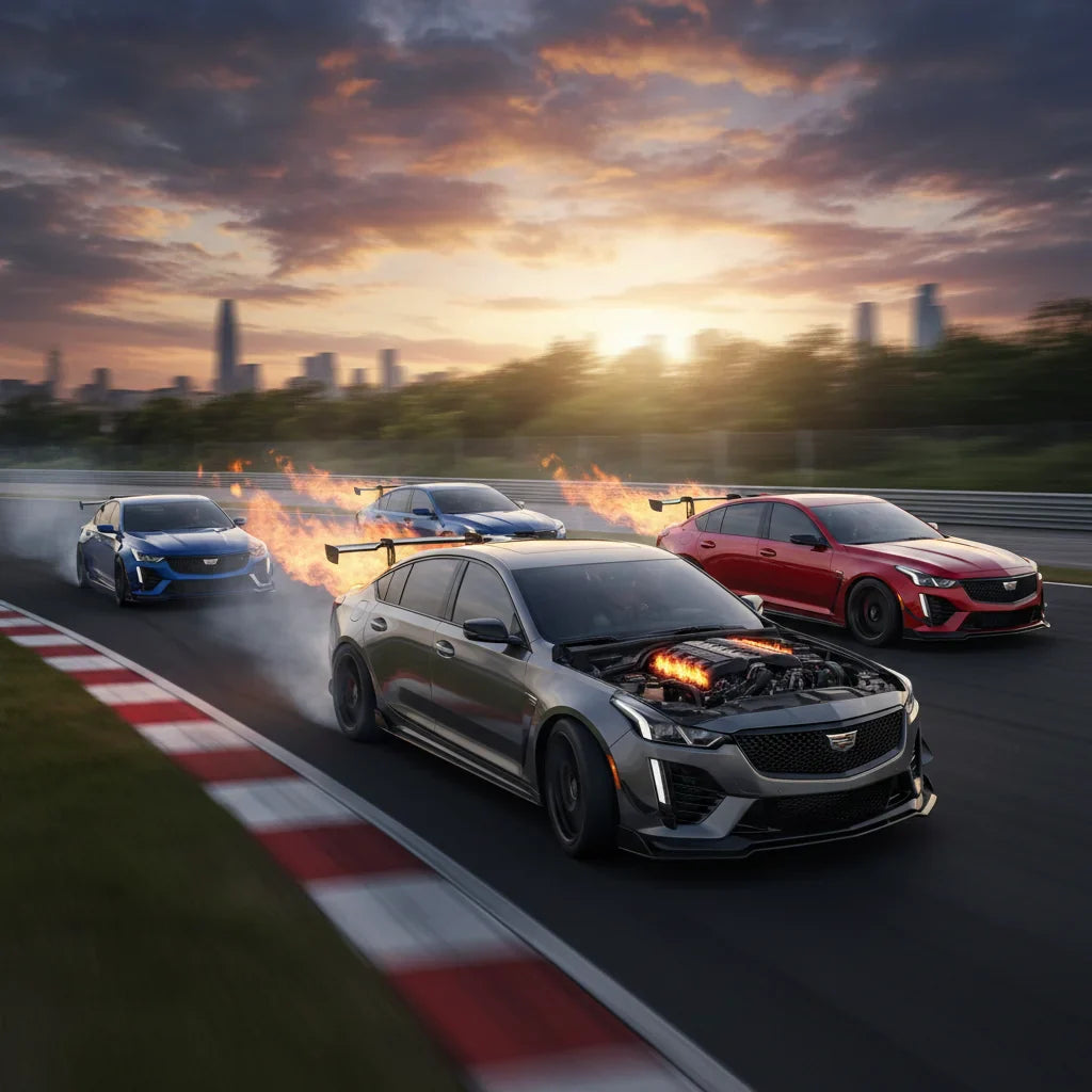 Editorial photo-realistic HERO image for automotive news (2026-05-08). Feature Cadillac vehicles specifically CT5-V Blackwing. Scene: The Cadillac CT5