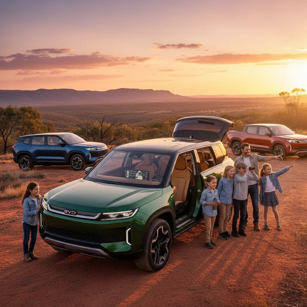 Editorial photo-realistic HERO image for automotive news (2026-05-21). Feature BYD vehicles specifically new large SUV. Scene: A family enjoying a roa